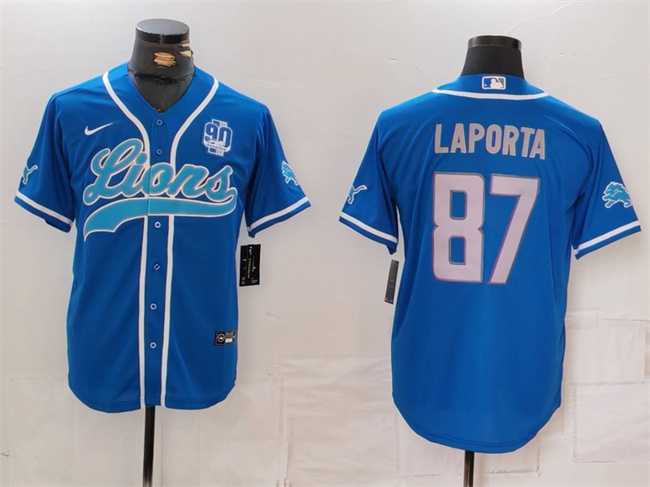 Men's Detroit Lions #87 Sam LaPorta Blue With 90th Anniversary Patch Cool Base Stitched Baseball Jersey,We sell and wholesale Men's Detroit Lions #87 Sam LaPorta Blue With 90th Anniversary Patch Cool Base Stitched Baseball Jersey on line form chian!